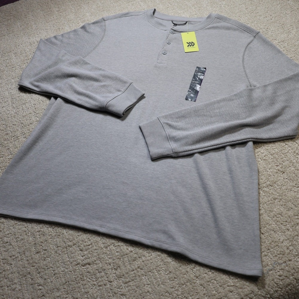 All in Motion Mens Waffle Henley Shirt Cement Gray Long Sleeve MoistureWickin XL